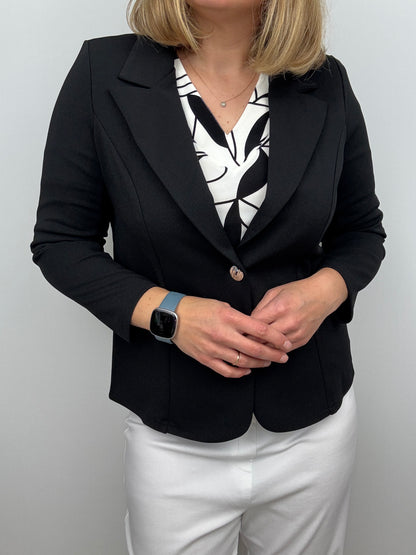 Black fabric jacket with lapel collar