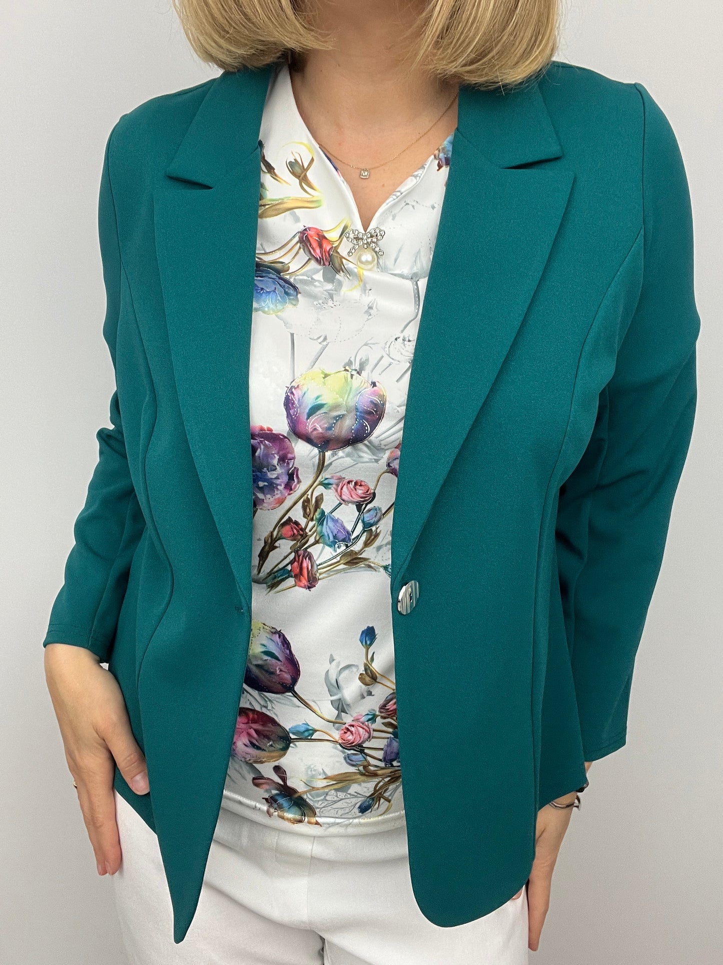 Emerald green fabric jacket with lapel collar