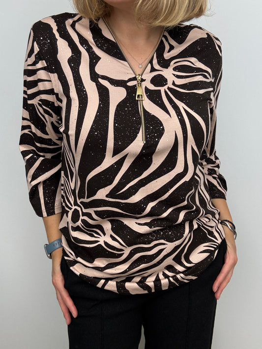 ERICA brown 3/4 sleeve zip top