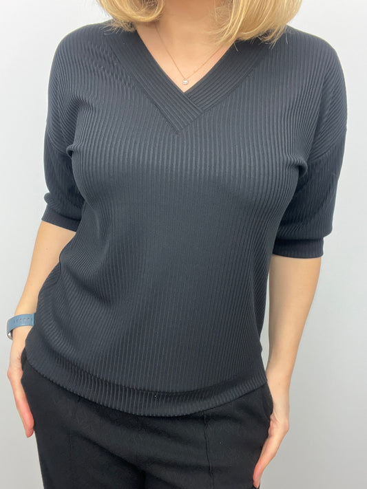 TANYA soft ribbed V-neck top - black