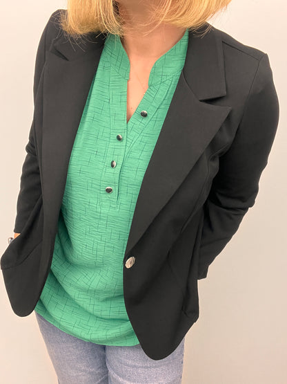 Black fabric jacket with lapel collar