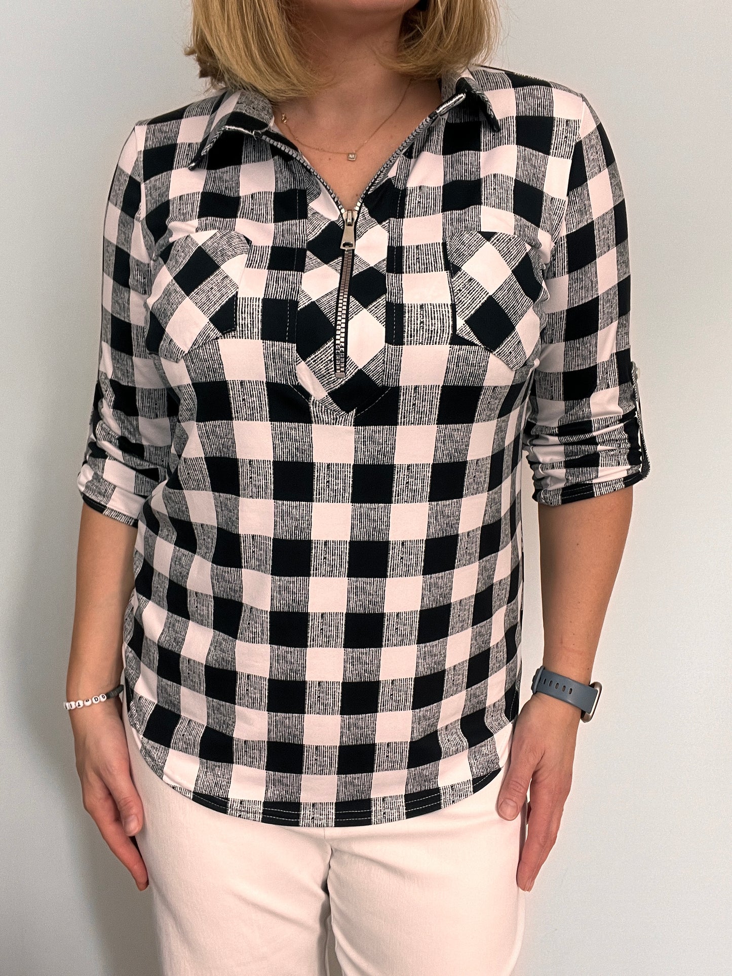 ELAINE zip top with collar - black/white check