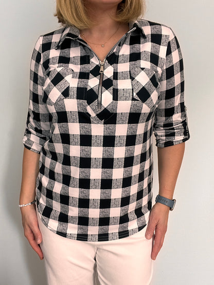 ELAINE zip top with collar - black/white check