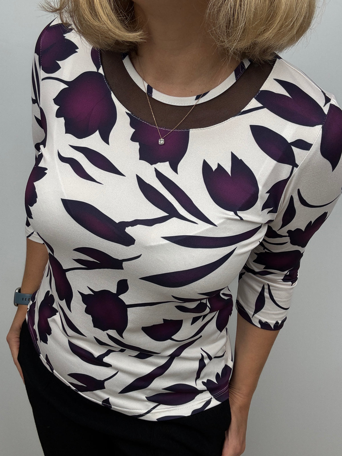 DREW top with mesh neck detail
