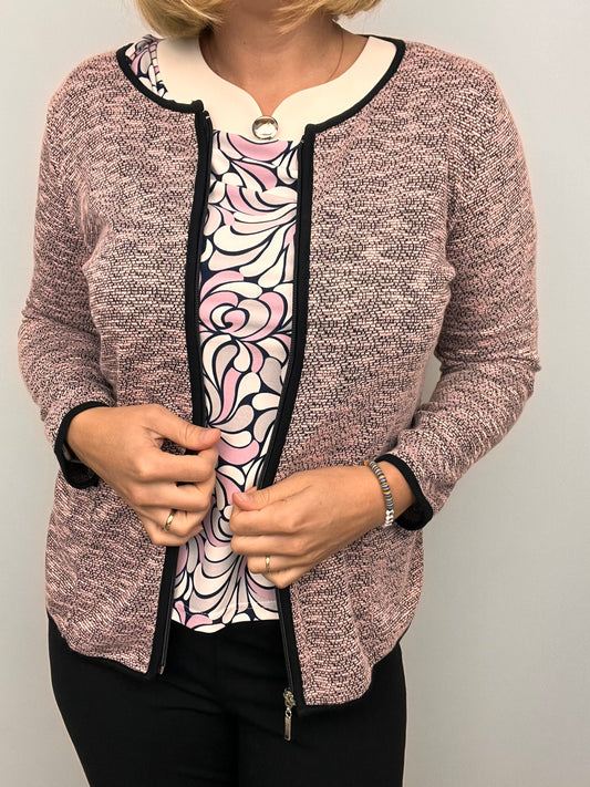 Pink melange fine knit cardigan with zipper and pockets