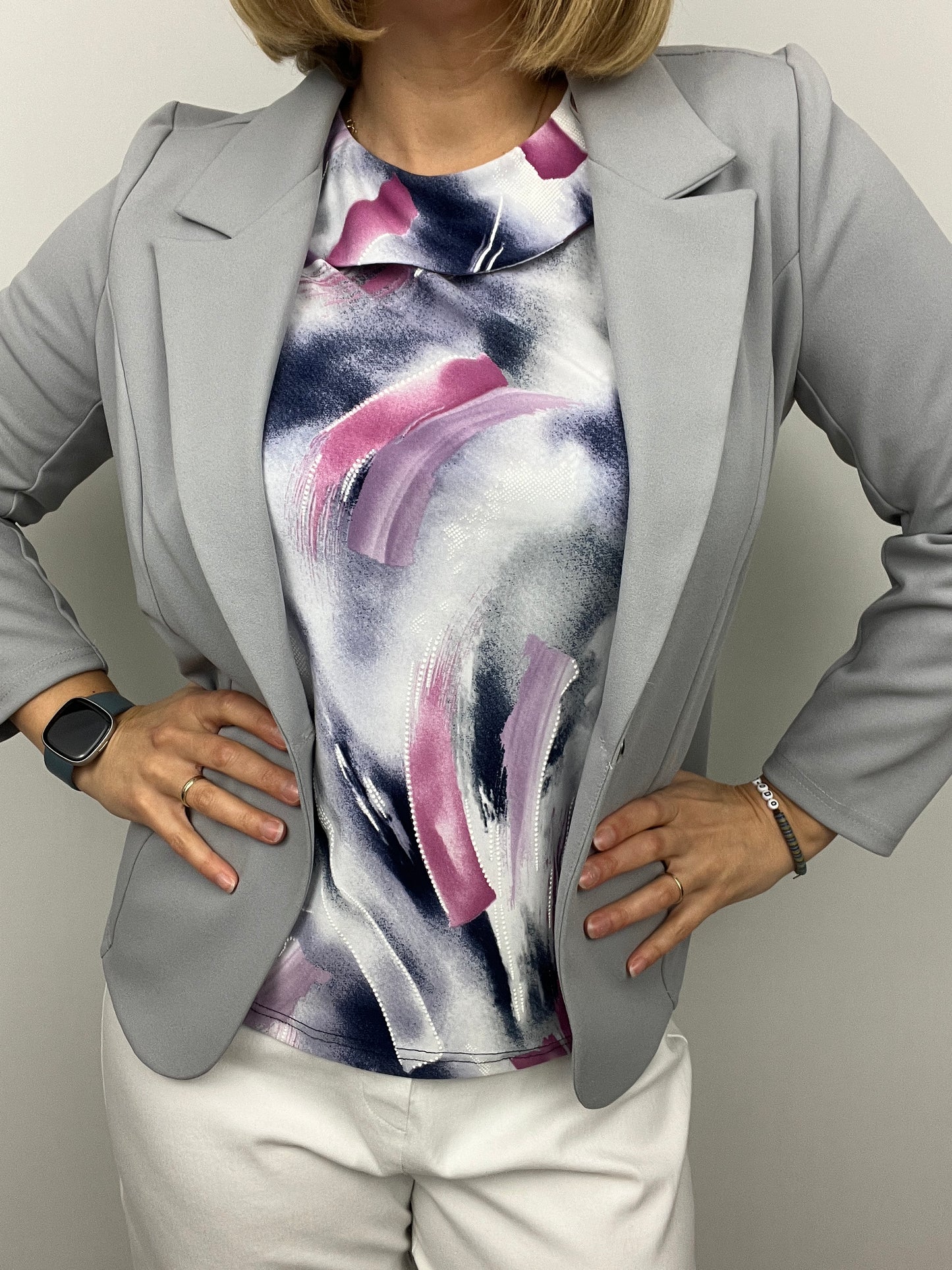 Silver grey fabric jacket with lapel collar