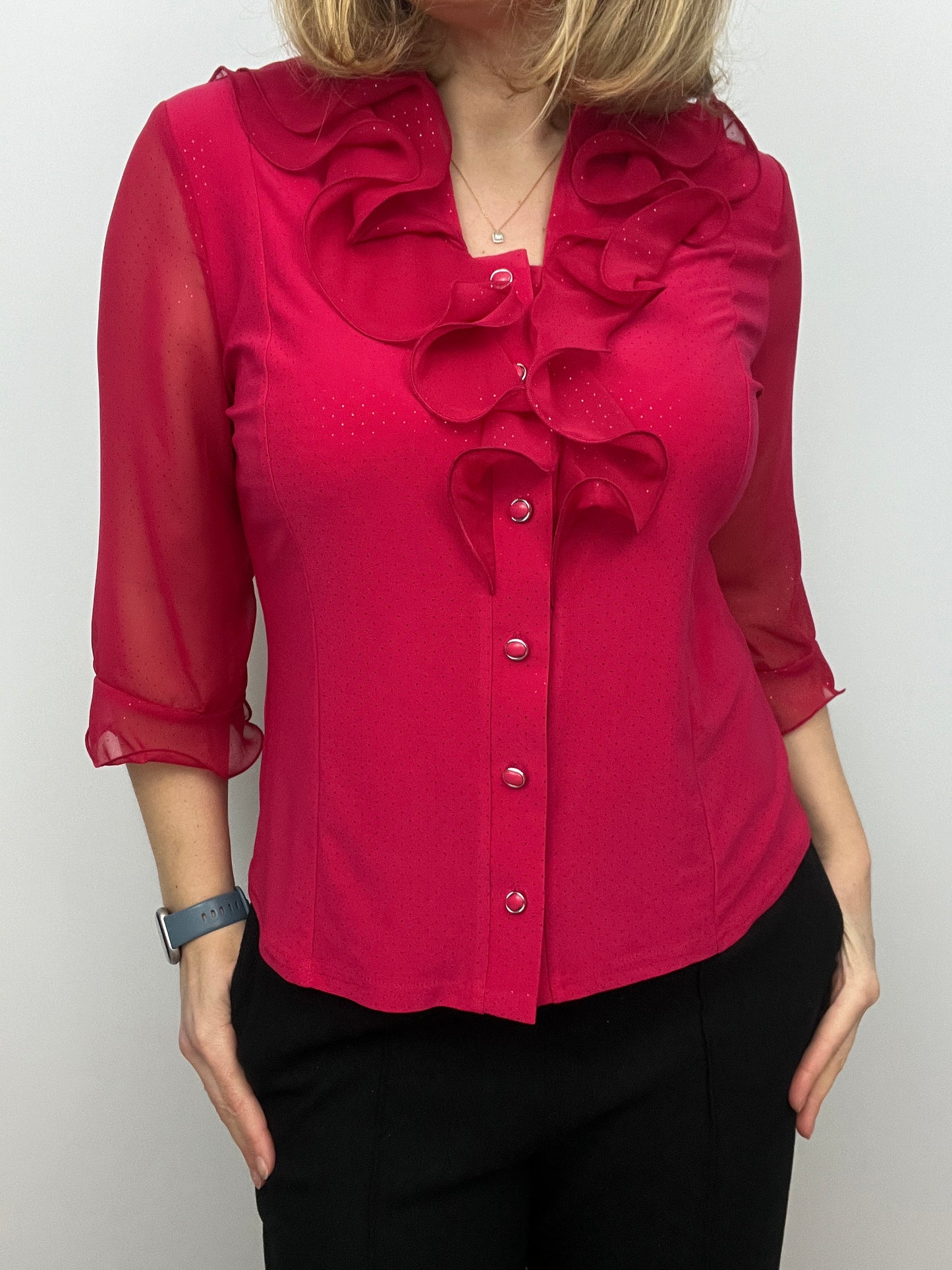 EDNA red blouse with ruffle front and half collar