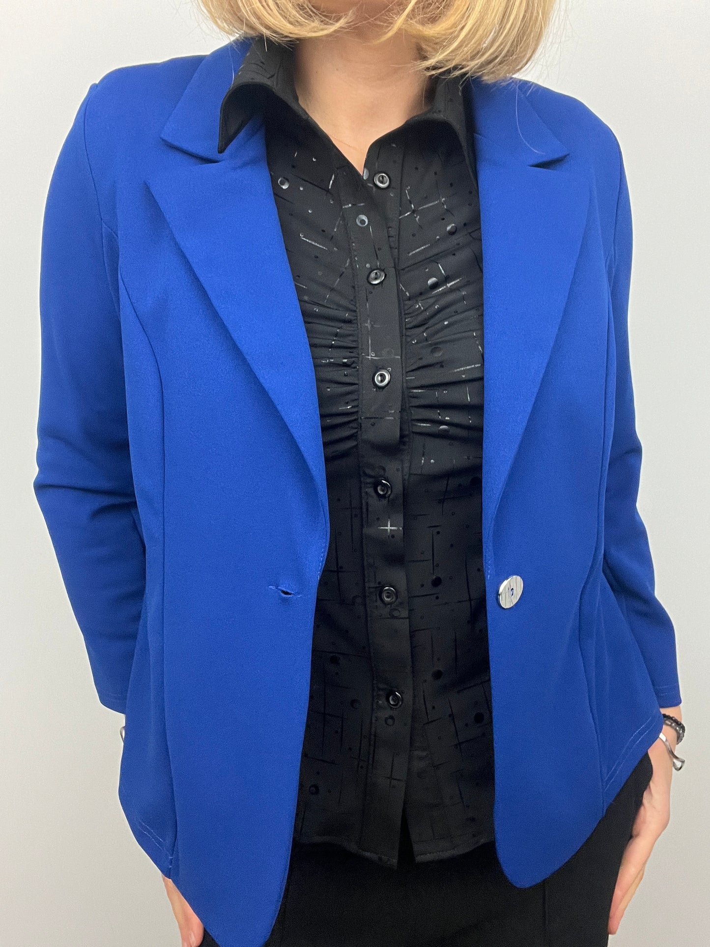 Royal blue fabric jacket with lapel collar