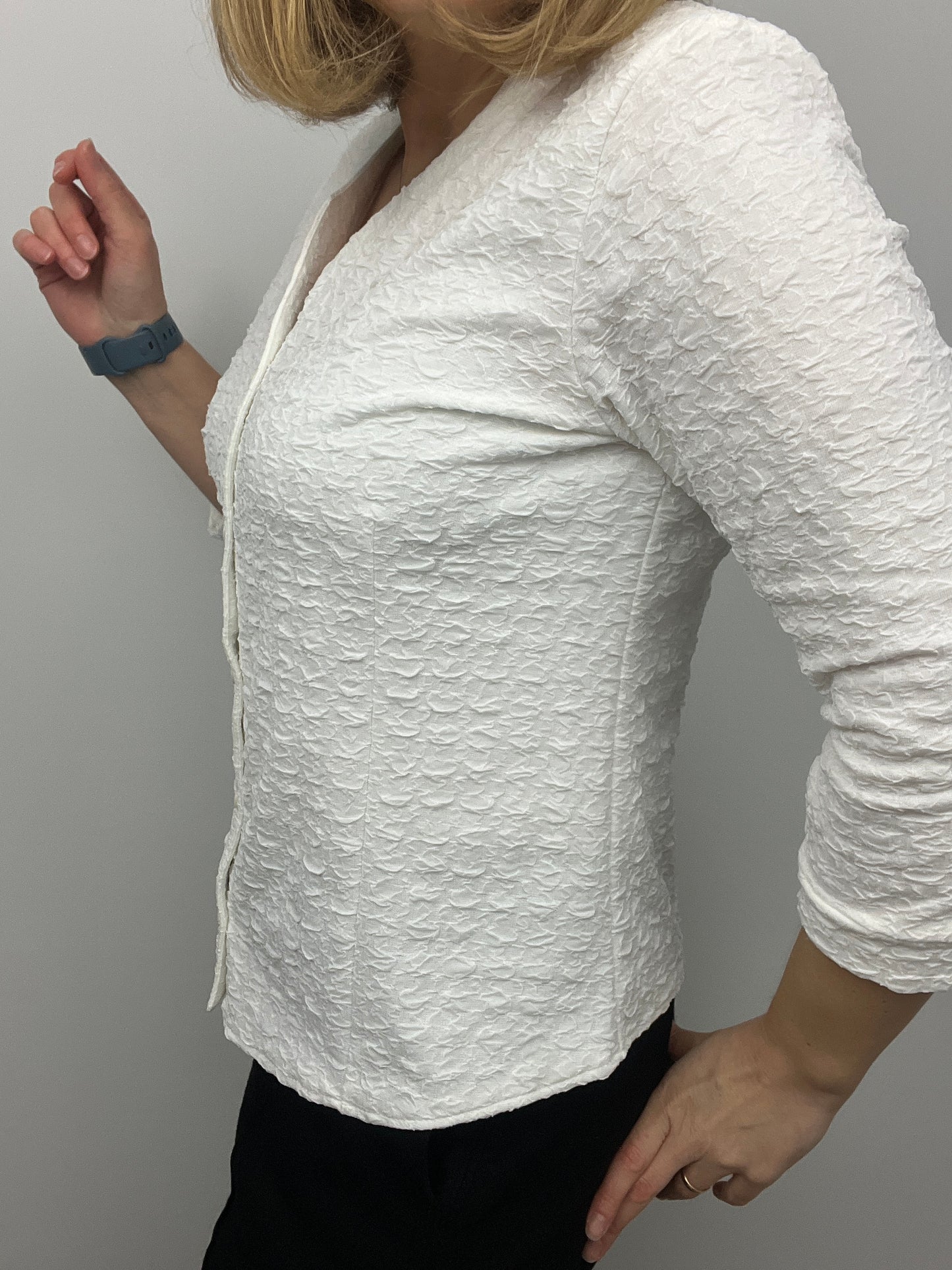 EVE white textured button down collarless blouse