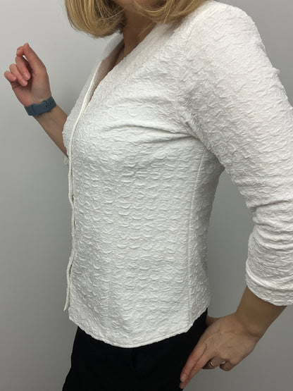 EVE white textured button down collarless blouse