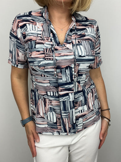 IRIS short sleeve top with stand up collar