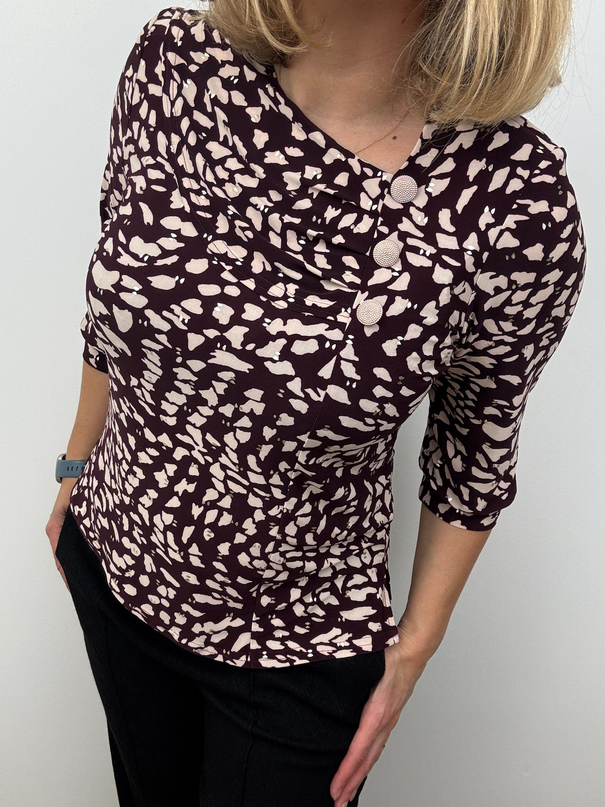 FRAN burgundy top with pleated neckline