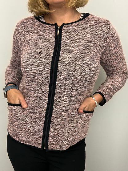 Pink melange fine knit cardigan with zipper and pockets
