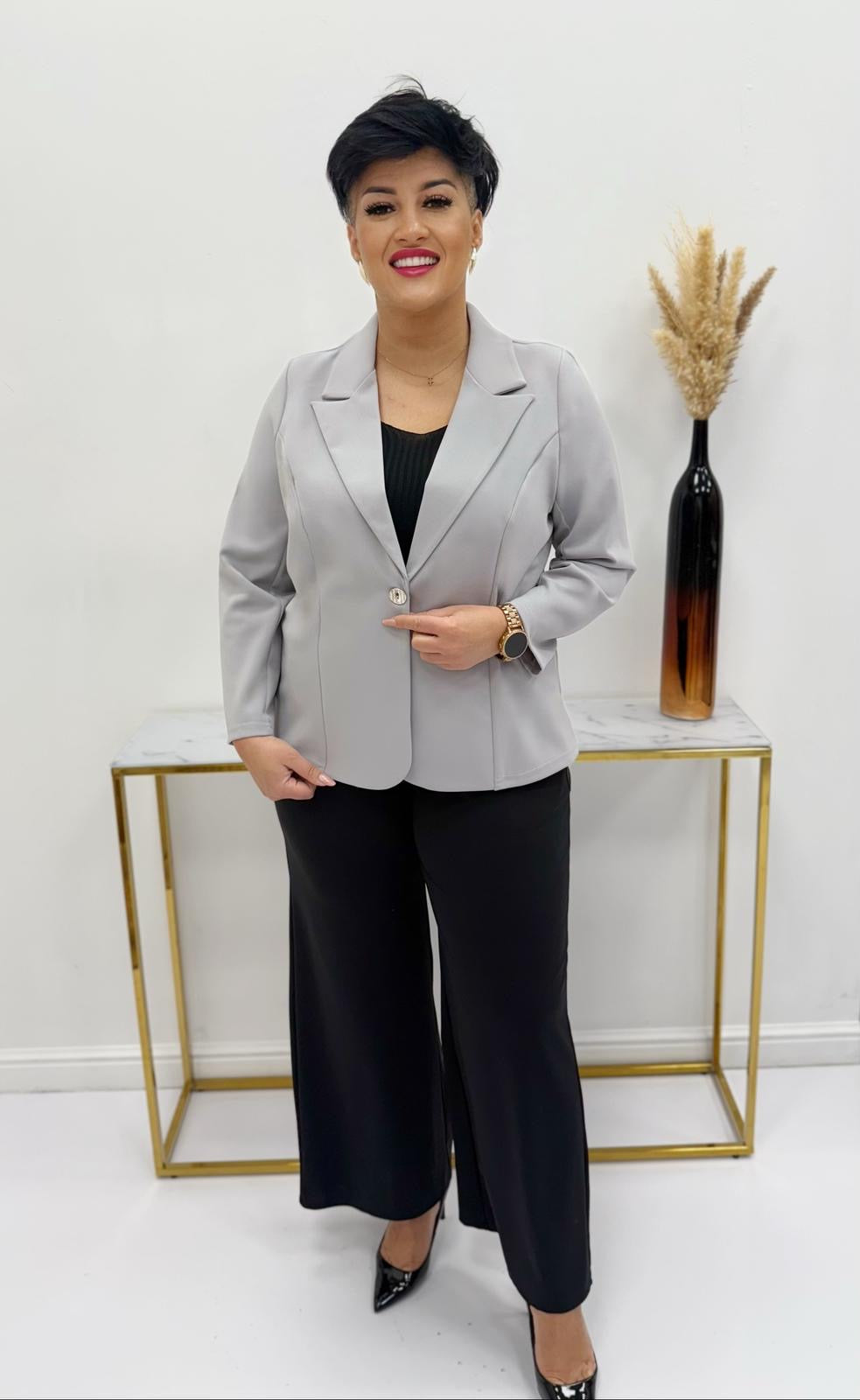 Silver grey fabric jacket with lapel collar