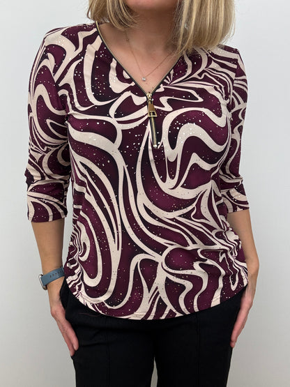 CELESTE burgundy 3/4 sleeve zip top