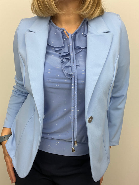 Soft blue fabric jacket with lapel collar