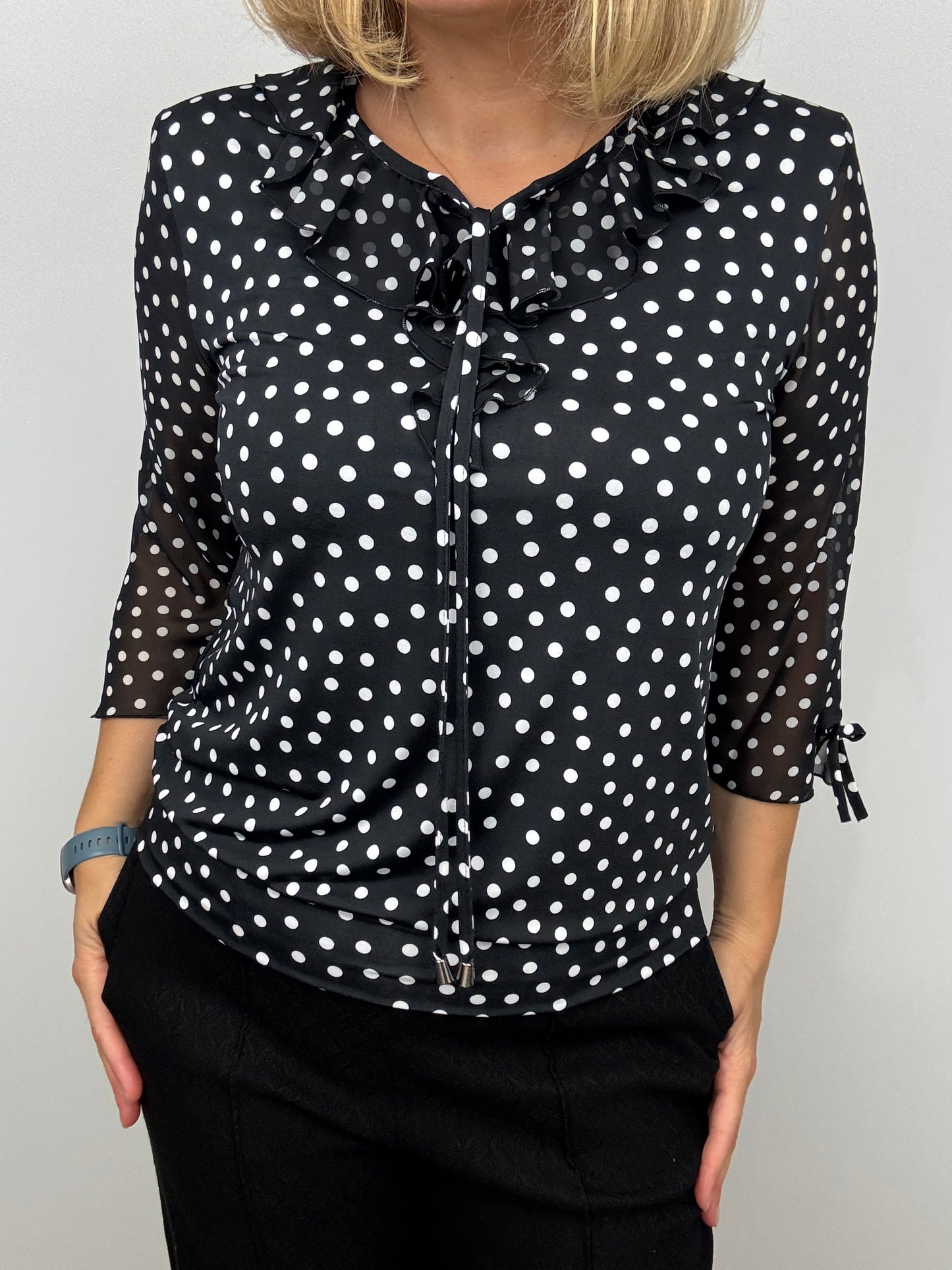 CELESTE black/white polka dot ruffle top