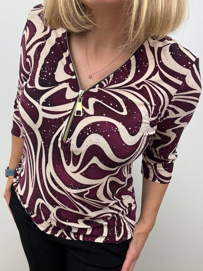 CELESTE burgundy 3/4 sleeve zip top