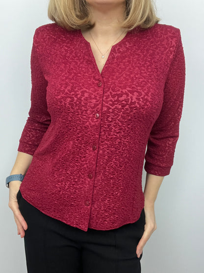 CRYSTAL burgundy tetured button down collarless blouse