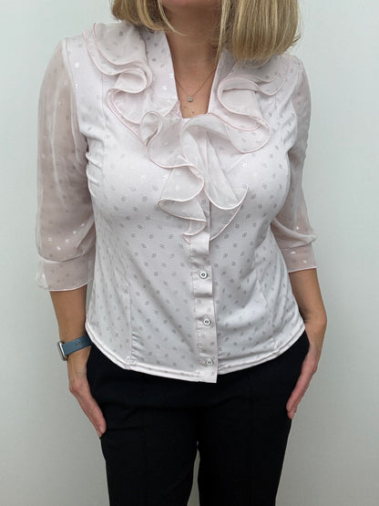 SARAH blush pink blouse with ruffle front and stand up collar