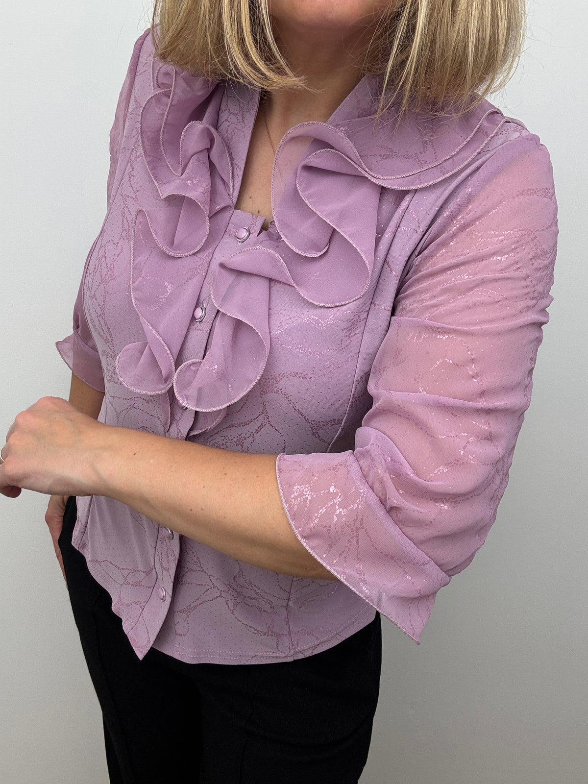 LUCIA lavender pink blouse with ruffle front and stand up collar