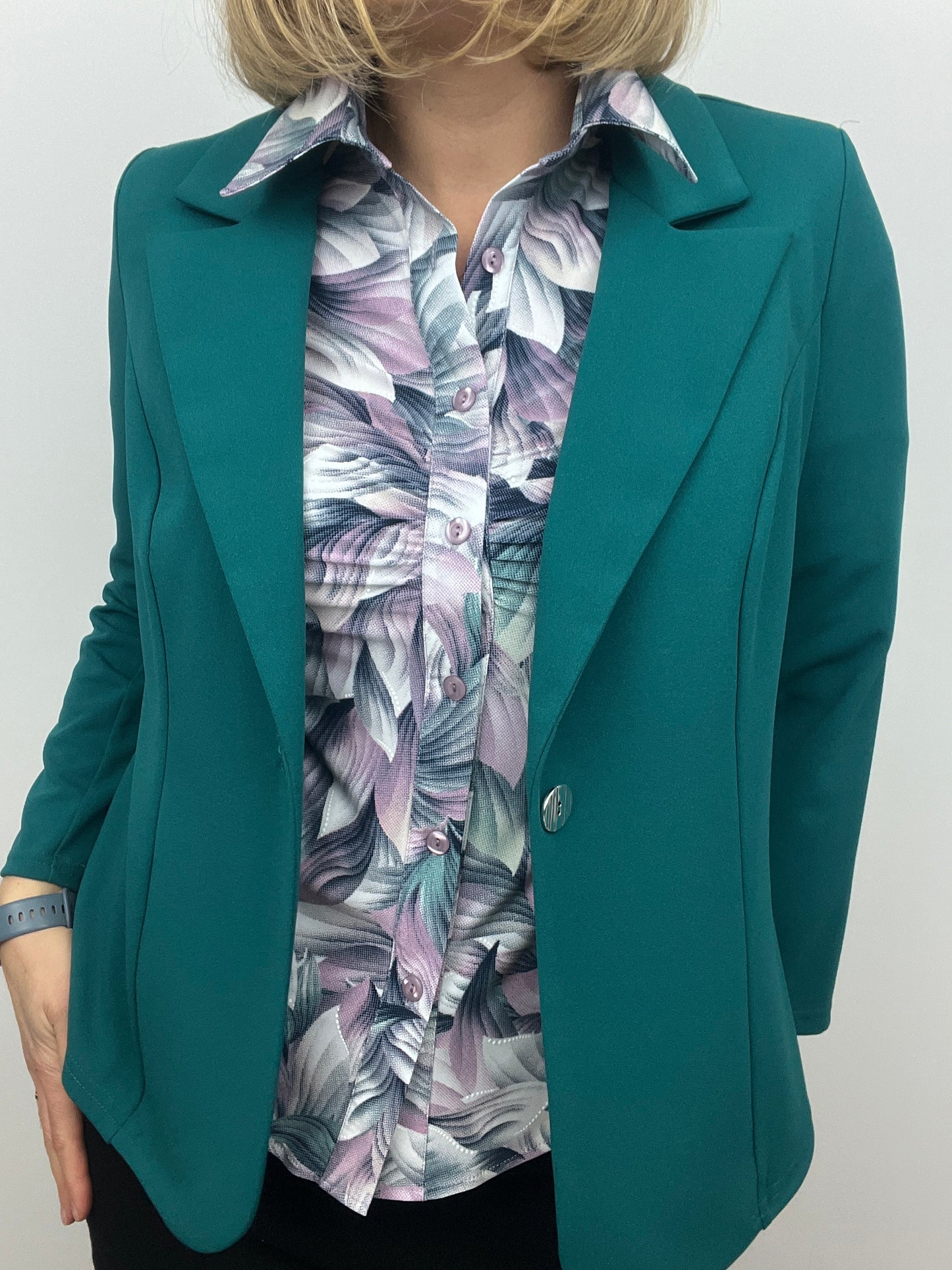 Emerald green fabric jacket with lapel collar