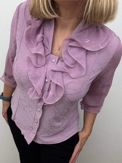 LUCIA lavender pink blouse with ruffle front and stand up collar