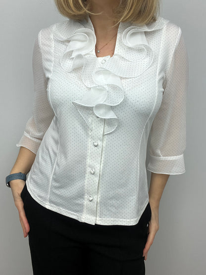 CHER white blouse with ruffle front and half collar
