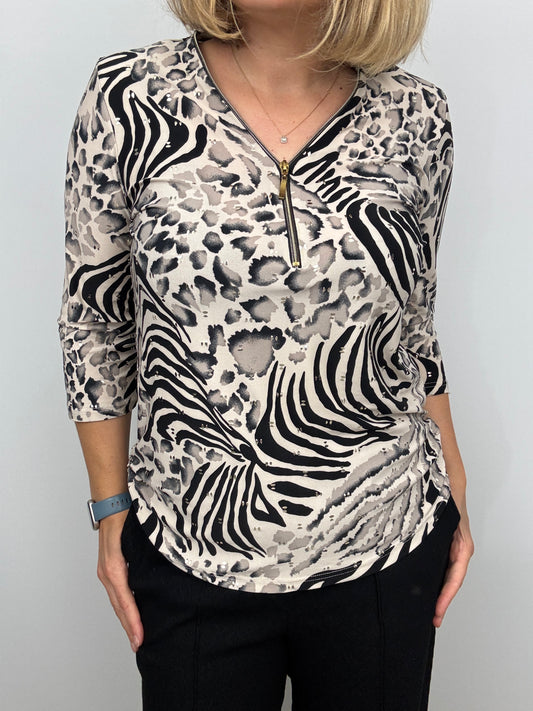 MAJELLA animal print 3/4 sleeve zip top