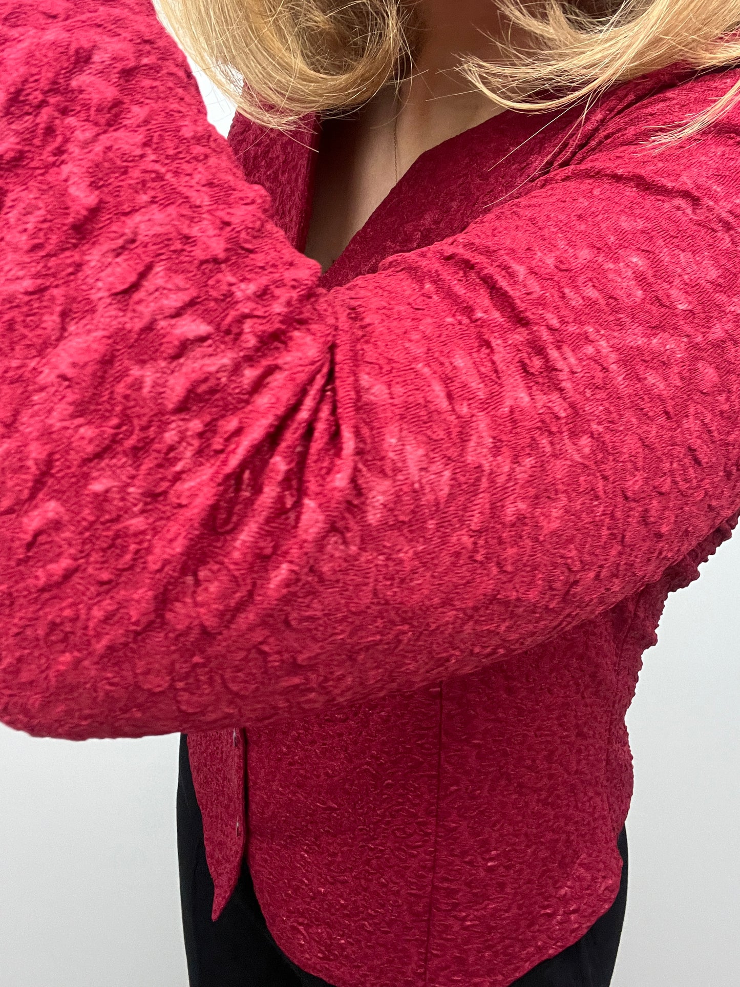 CRYSTAL burgundy tetured button down collarless blouse