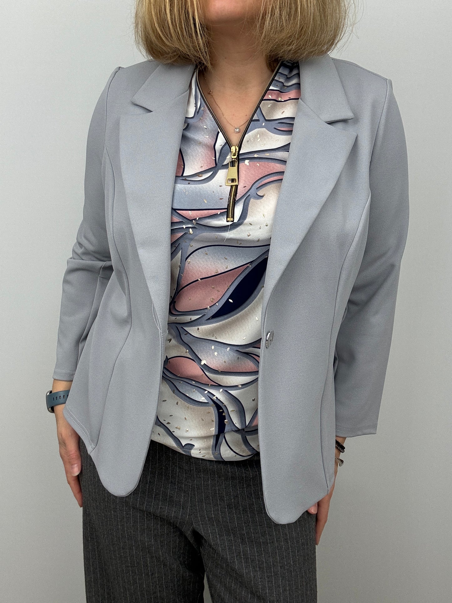 Silver grey fabric jacket with lapel collar