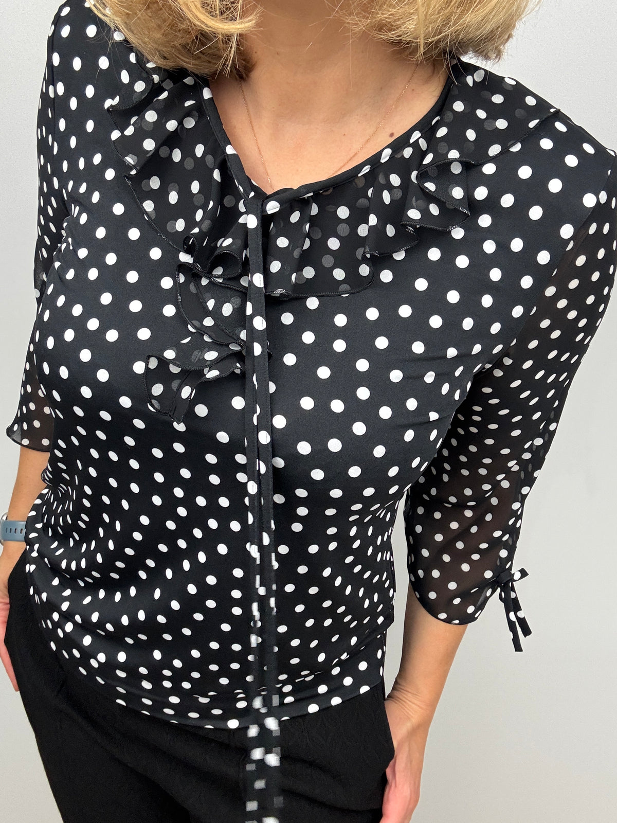 CELESTE black/white polka dot ruffle top