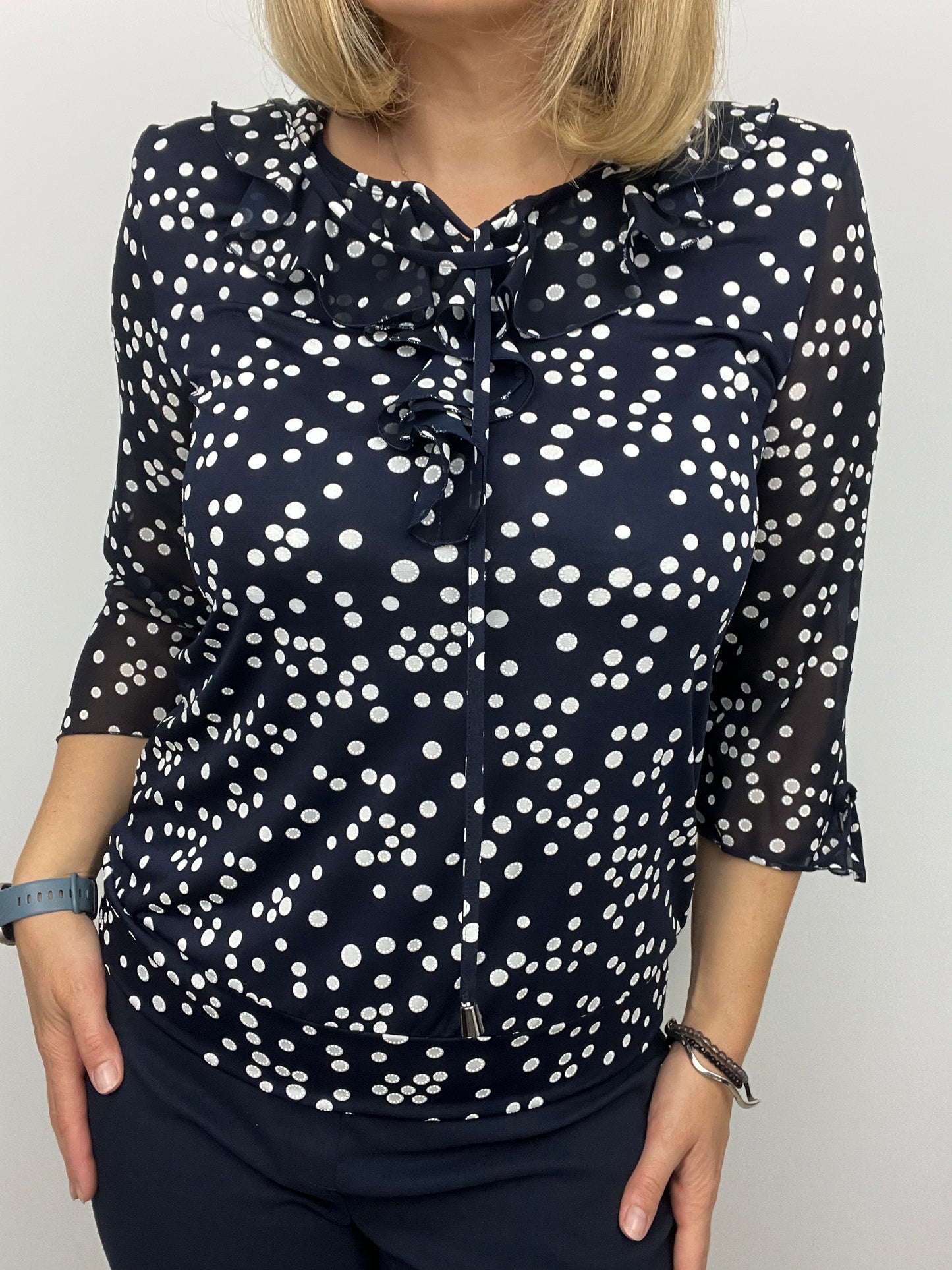 FAITH ruffle top polka dot navy/white