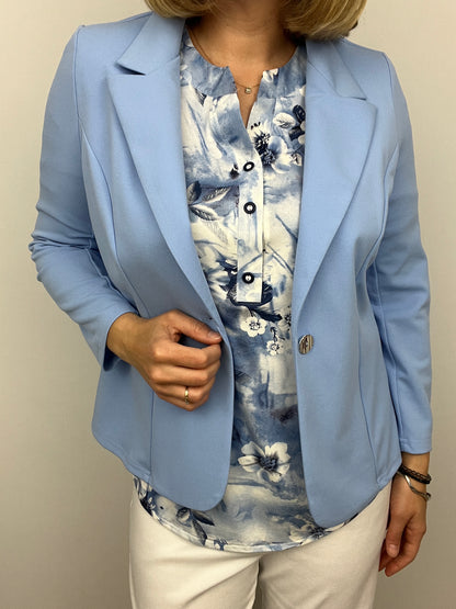 Soft blue fabric jacket with lapel collar