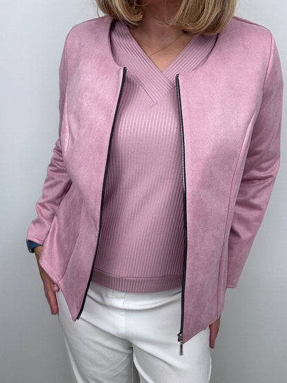 VERONIQUE soft ribbed V-neck top - powder pink