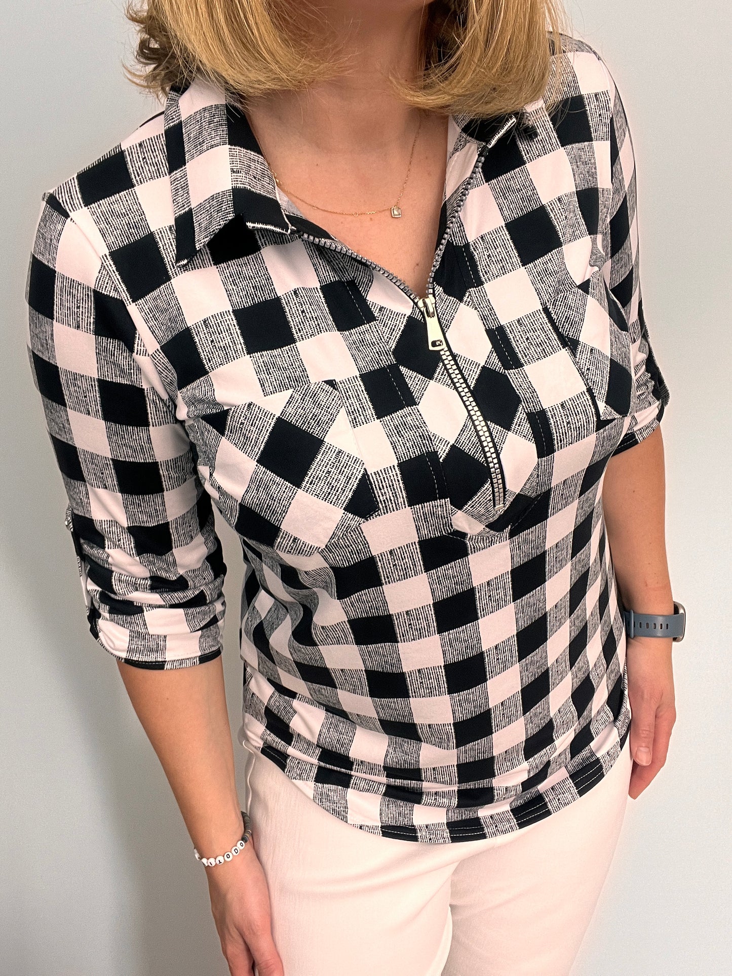 ELAINE zip top with collar - black/white check
