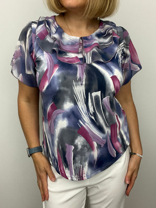 PAULINE Double ruffle round neck top with short sleeve