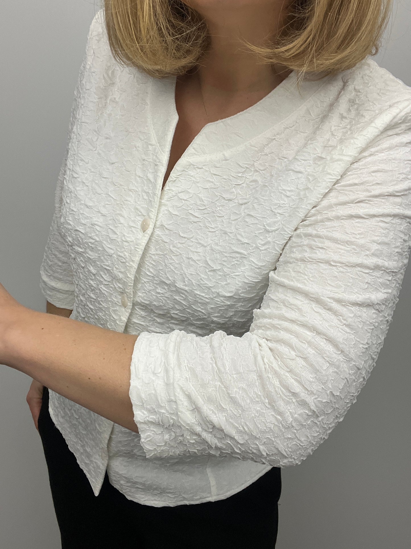 EVE white textured button down collarless blouse