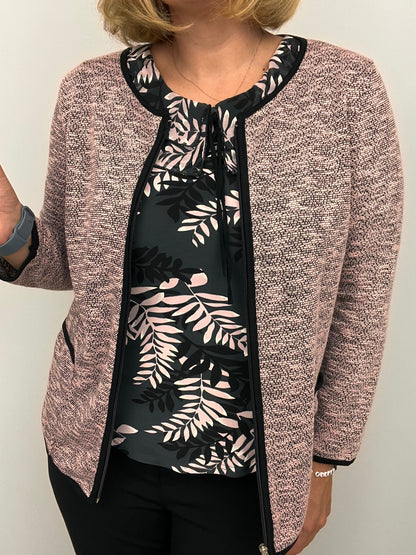 Pink melange fine knit cardigan with zipper and pockets