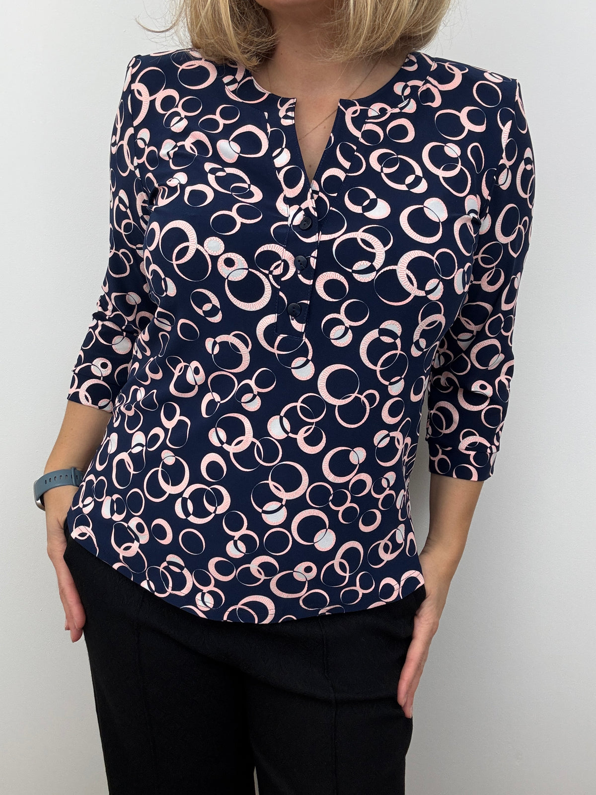 CAMERON navy V-neck top with 3 buttons