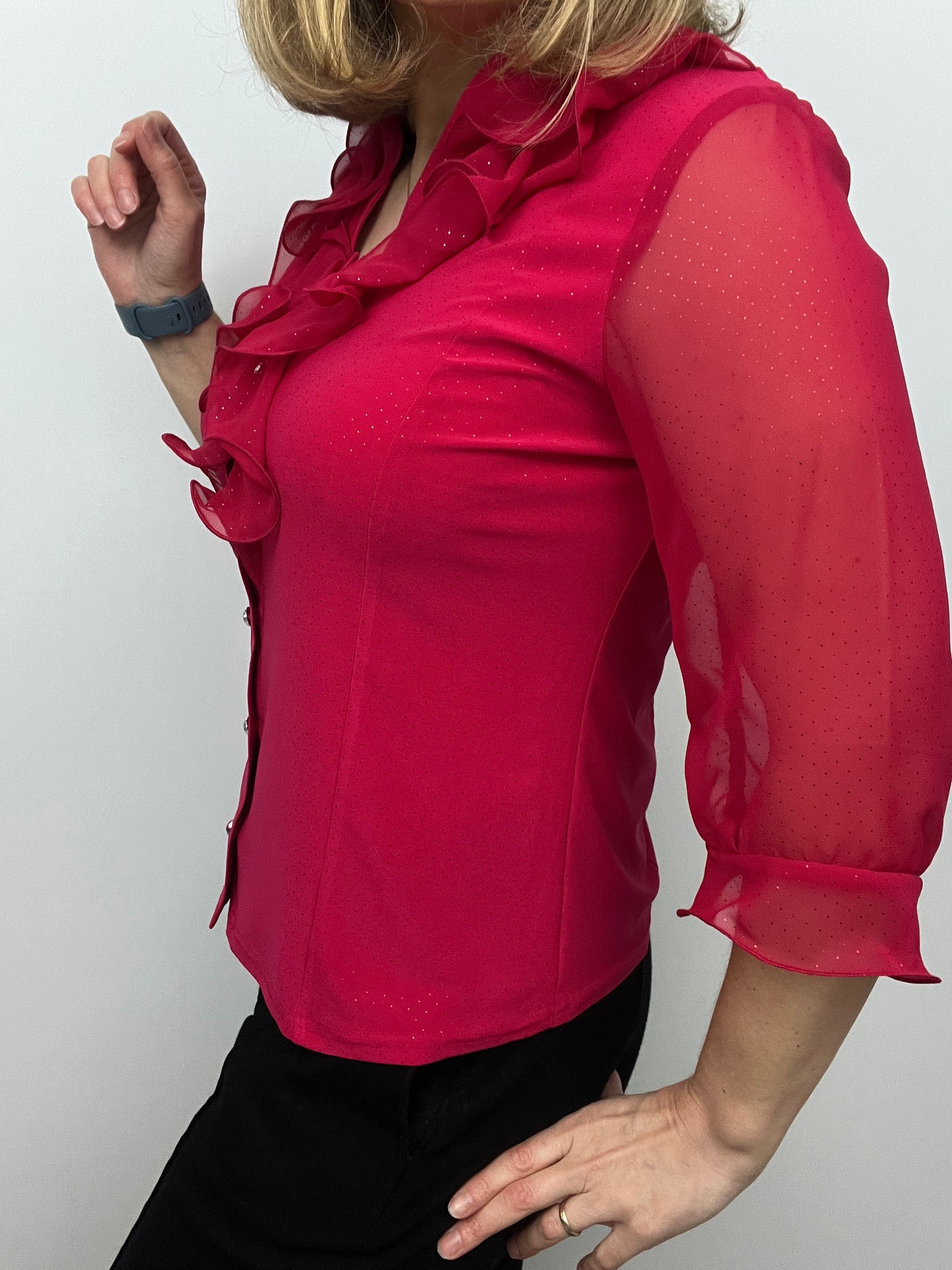 EDNA red blouse with ruffle front and half collar