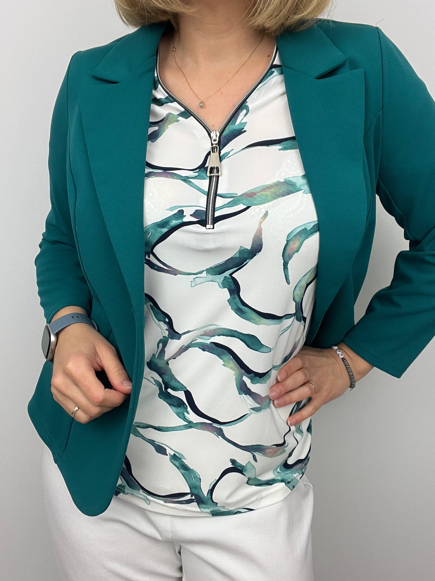 Emerald green fabric jacket with lapel collar