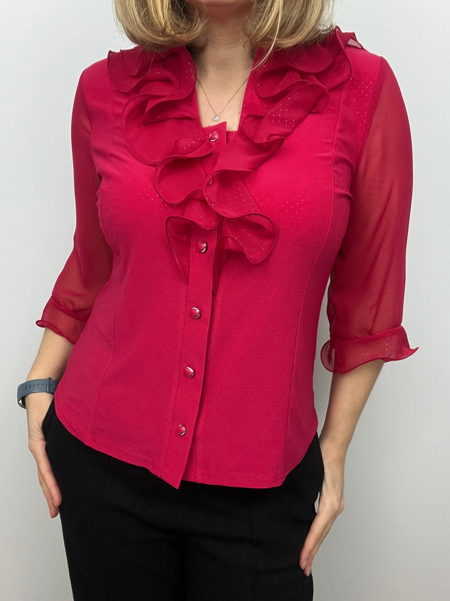 EDNA red blouse with ruffle front and half collar