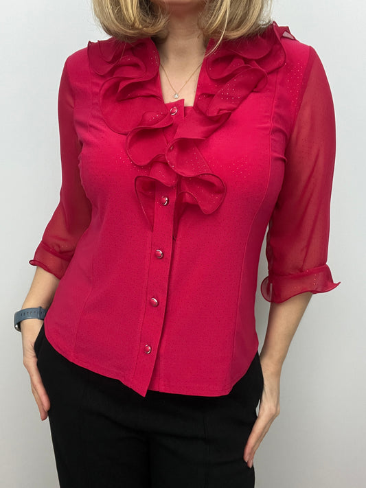 EDNA red blouse with ruffle front and half collar