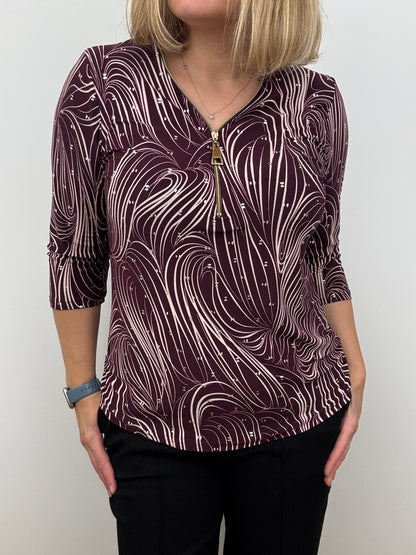 PAM burgundy 3/4 sleeve zip top