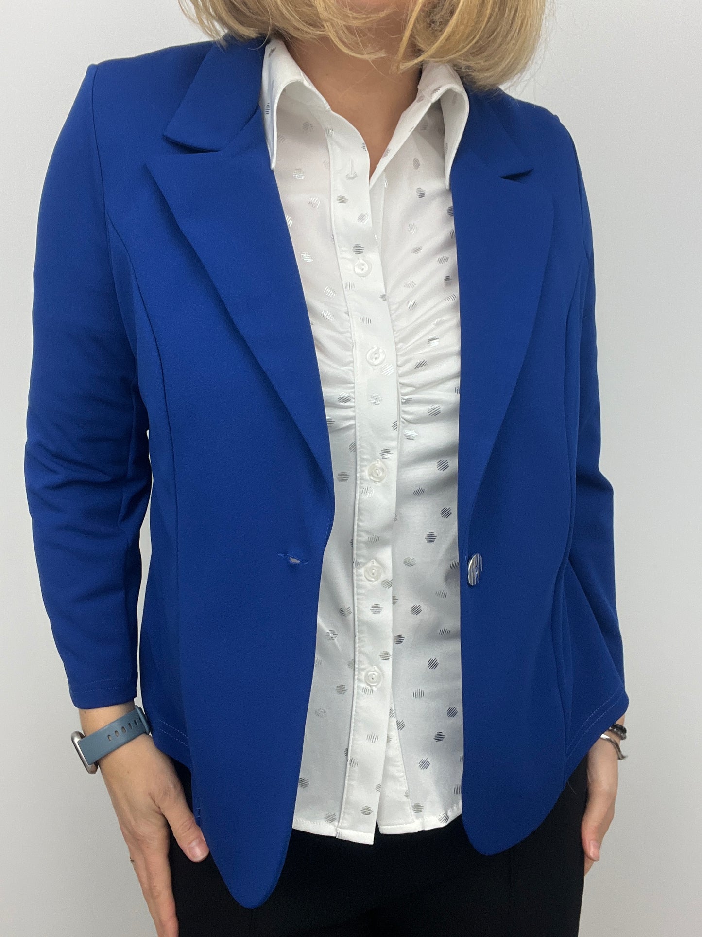 Royal blue fabric jacket with lapel collar