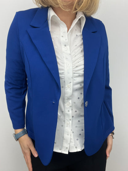 Royal blue fabric jacket with lapel collar