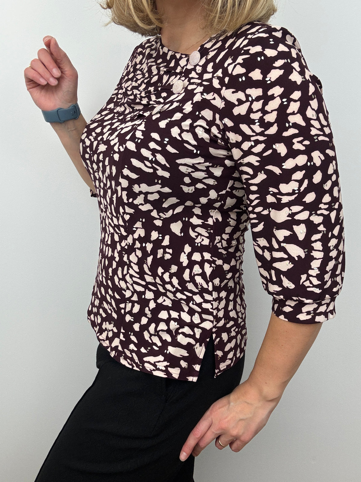 FRAN burgundy top with pleated neckline