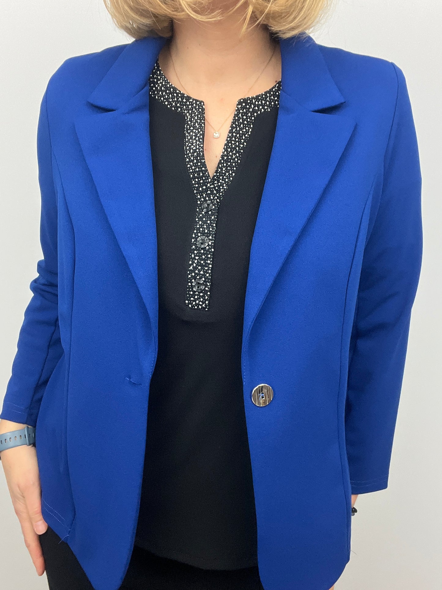 Royal blue fabric jacket with lapel collar