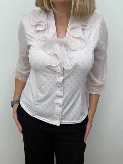 SARAH blush pink blouse with ruffle front and stand up collar